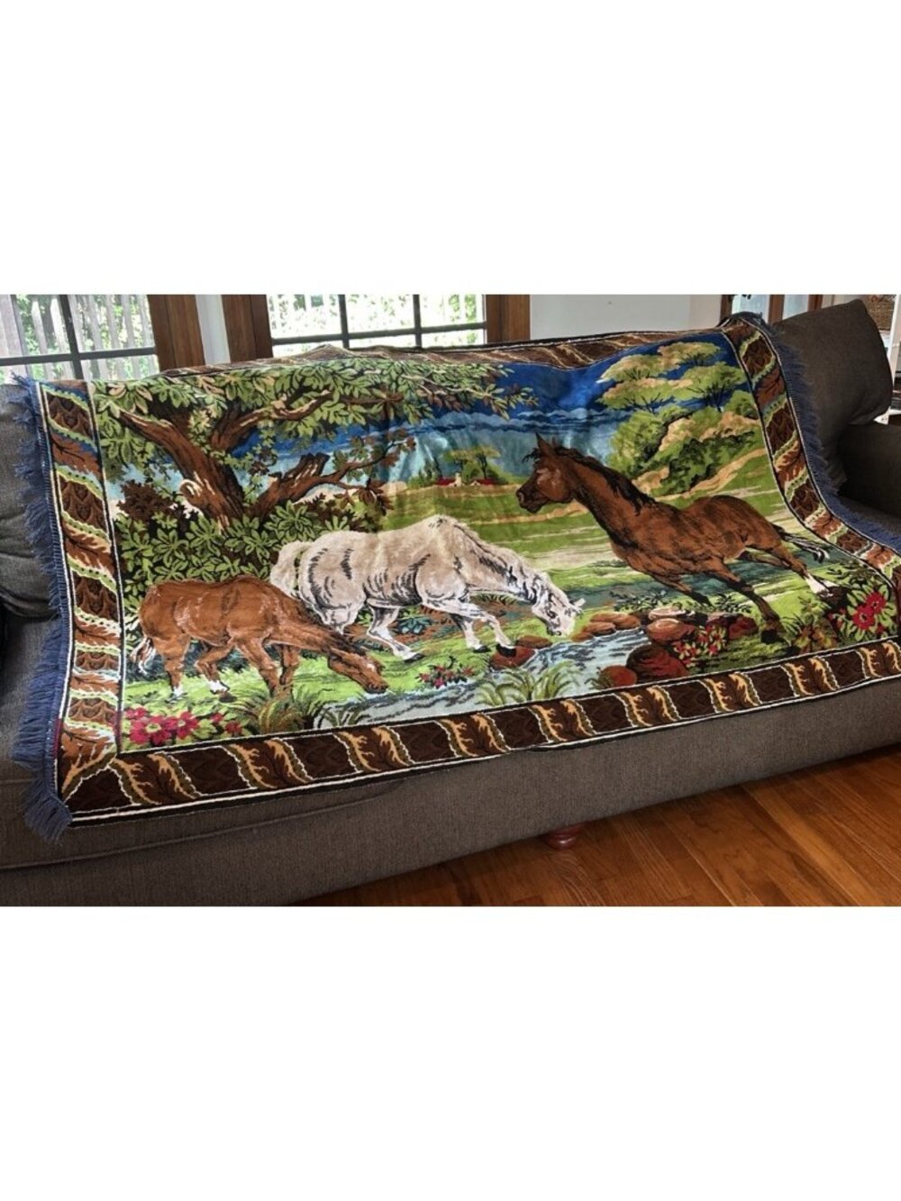 Vintage 3 Horse Grazing field Velvet Tapestry Wall Hanging 68"x48” Cottage core